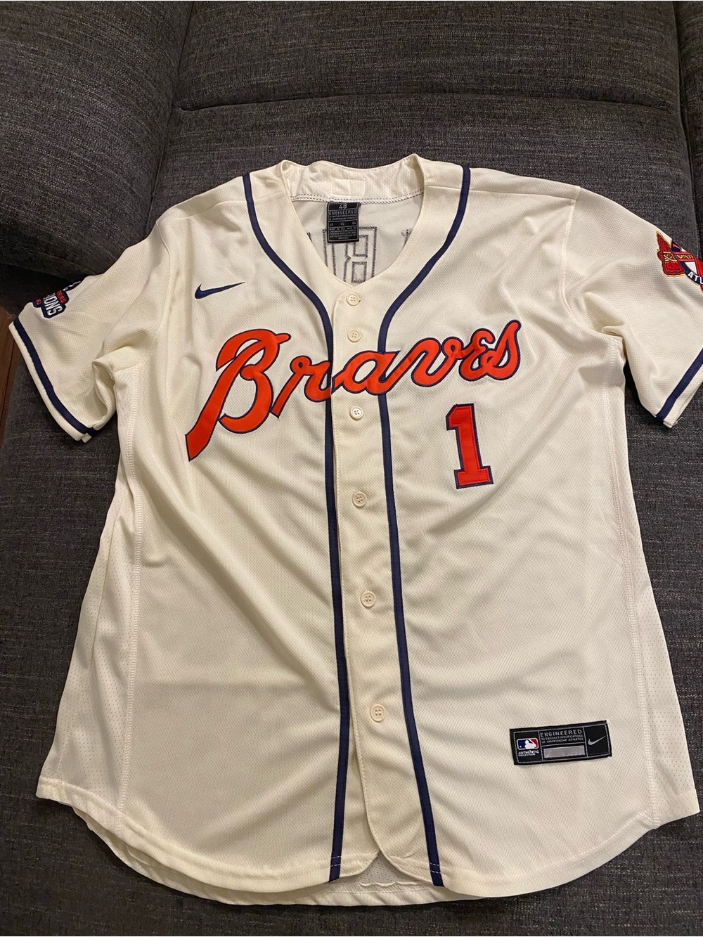 Nike Authentic Collection dual patch On-Field Ozzie Albies Cream Jersey.